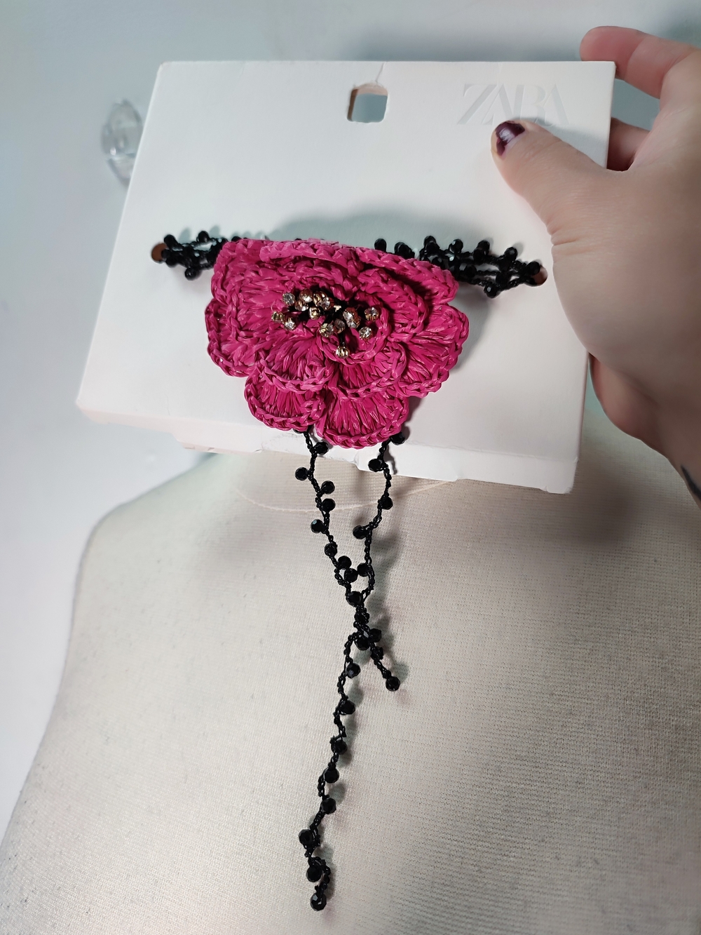 Zara Raffia Flower Choker Necklace Pink & Black NWT